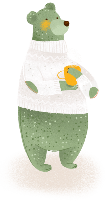 Mascotte di La Tana dell'Orso che beve una tisana con il maglione addosso